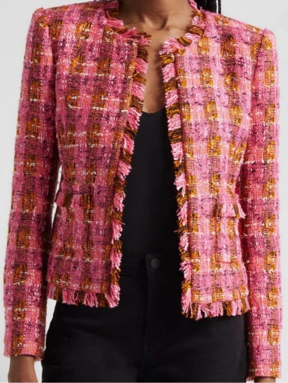 L'Agence Angelina Pink Tweed Houndstooth Blazer Jacket NWOT